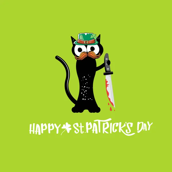 Happy st patricks day Grußkarte oder Banner mit schwarzer Katze mit Patricks Hut und blutigem Messer isoliert auf grünem Hintergrund. Lustige schwarze Katze und Messer. Patricks Day Konzept Illustration — Stockvektor
