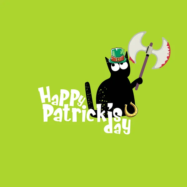 Feliz día de San Patricio tarjeta de felicitación o pancarta con gato negro con sombrero patricks celebración cuchillo sangriento aislado sobre fondo verde. Gracioso gato negro y cuchillo. Ilustración del concepto del día de Patricks — Vector de stock