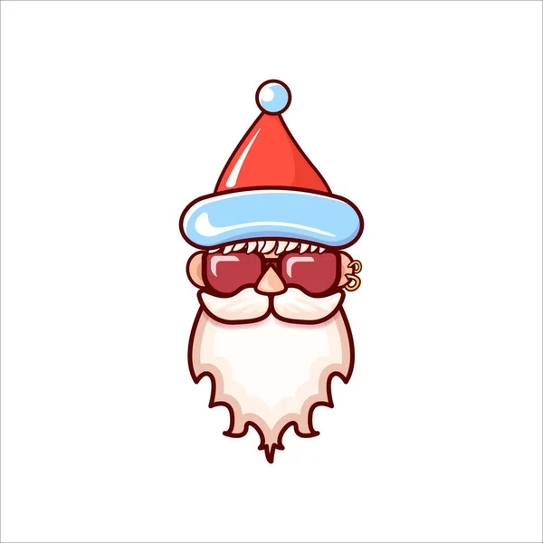산타클로스는 하얀 크리스마스 배경에서 산타클로스의 모자를 쓰고 선글라스를 끼고 있다. 산타의 상표나 스티커 디자인 — 스톡 벡터
