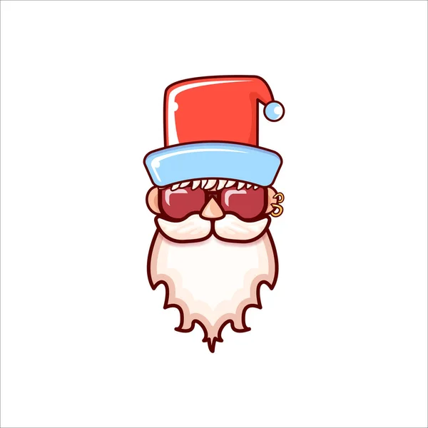 Papai Noel cabeça com chapéu vermelho de Papai Noel e óculos de sol hipster isolado no fundo de Natal branco. Etiqueta de Papai Noel ou design de etiqueta — Vetor de Stock