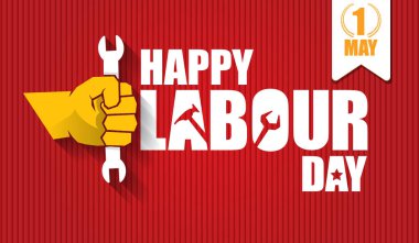 Kırmızı yatay arka planda izole edilmiş güçlü turuncu yumruklu İşçi Bayramı vektör etiketi. Doğum günün kutlu olsun ya da erkek eli ile yatay afiş. kırmızı işçiler afiş yapabilir