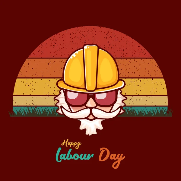 Happy labour day vector label met funky werker op vintage achtergrond. vector gelukkige werkdag achtergrond of banner met de mens. werknemers mogen dag poster Rechtenvrije Stockillustraties