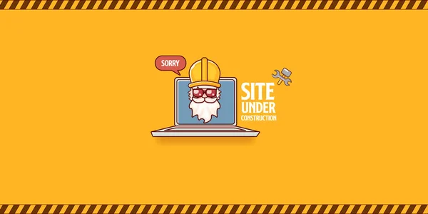 Site in aanbouw oranje web landing page ontwerp concept met grappige werknemer en laptop. — Stockvector