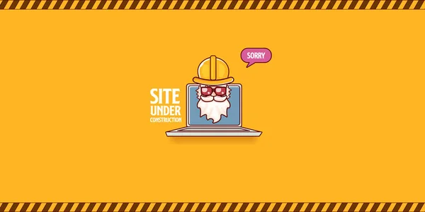 Site under construction orange web landing page design concept with funny worker and laptop. — Stock Vector