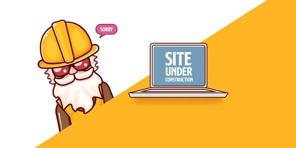 Site under construction orange web landing page design concept with funny worker and laptop. — Stock Vector