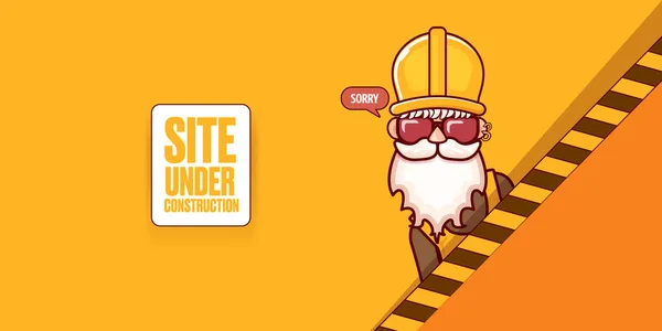 Site in aanbouw oranje web landing page ontwerp concept met grappige werknemer en laptop. — Stockvector
