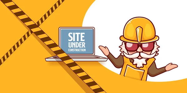 Site under construction orange web landing page design concept with funny worker and laptop. — Stock Vector