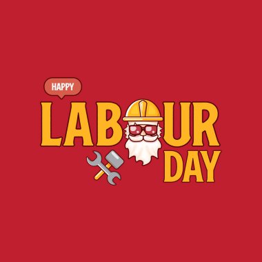 Kırmızı arka planda garip işçiyle birlikte mutlu İşçi Bayramı vektör etiketleri. İşçi Bayramı arkaplanınız kutlu olsun. İşçiler, karikatür grafik poster tasarım şablonu yapabilir