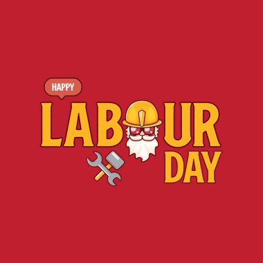 Kırmızı arka planda garip işçiyle birlikte mutlu İşçi Bayramı vektör etiketleri. İşçi Bayramı arkaplanınız kutlu olsun. İşçiler, karikatür grafik poster tasarım şablonu yapabilir