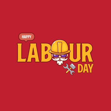 Kırmızı arka planda garip işçiyle birlikte mutlu İşçi Bayramı vektör etiketleri. İşçi Bayramı arkaplanınız kutlu olsun. İşçiler, karikatür grafik poster tasarım şablonu yapabilir