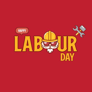 Kırmızı arka planda garip işçiyle birlikte mutlu İşçi Bayramı vektör etiketleri. İşçi Bayramı arkaplanınız kutlu olsun. İşçiler, karikatür grafik poster tasarım şablonu yapabilir