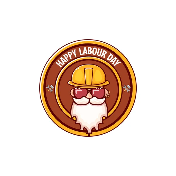 Logotipo vetor feliz dia de trabalho, rótulo ou carimbo com trabalhador funky no fundo branco. vetor feliz dia de trabalho fundo ou banner com o homem. trabalhadores podem cartaz dia —  Vetores de Stock