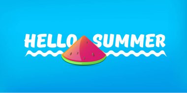 Merhaba Summer Beach Party yatay afiş tasarım şablonu mavi arka planda izole edilmiş taze karpuz dilimi. Merhaba yaz konsepti etiketi ya da içinde meyve ve tipografik metin olan poster. Yaz broşürü