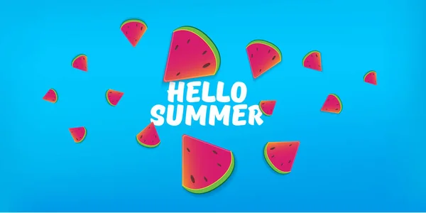 Hello Summer Beach Party horizontale banner Ontwerp template met verse watermeloen plak geïsoleerd op blauwe achtergrond. Hallo zomer concept label of poster met fruit en typografische tekst. Zomer flyer — Stockvector