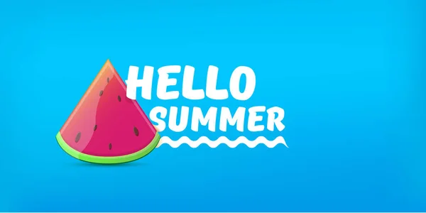 Hello Summer Beach Party horizontální prapor Design šablony s čerstvým meloun plátek izolovaný na modrém pozadí. Ahoj letní koncept štítek nebo plakát s ovocem a typografickým textem. Letní leták — Stockový vektor