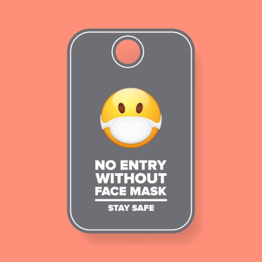 Yüz maskesi simgesi olmayan giriş yok ya da yüzü gri arkaplandaki ağız maskeli sarı gülücüklü poster