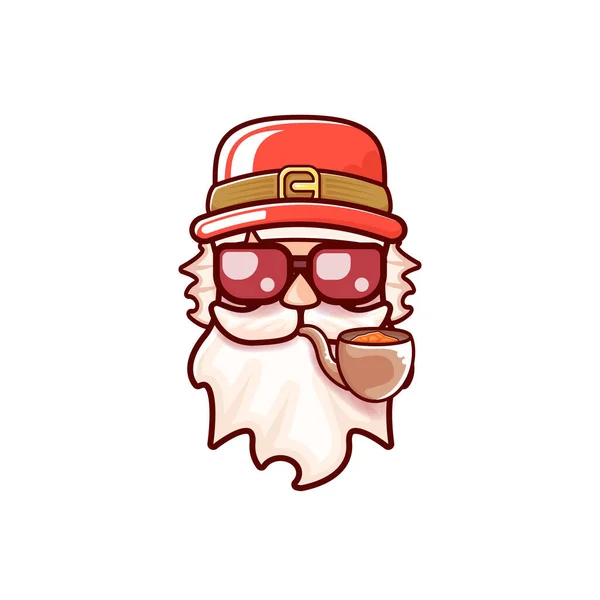 Cabeza de Santa Claus con sombrero rojo de Santa, pipa humeante y gafas de sol hipster rojas aisladas sobre fondo blanco de Navidad. Etiqueta de Santa o diseño de pegatina — Vector de stock