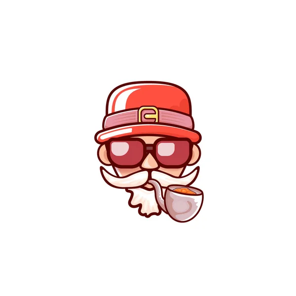 Cabeza de Santa Claus con sombrero rojo de Santa, pipa humeante y gafas de sol hipster rojas aisladas sobre fondo blanco de Navidad. Etiqueta de Santa o diseño de pegatina — Vector de stock