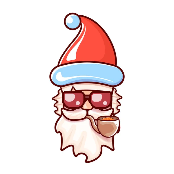 Tête de Père Noël avec chapeau rouge Père Noël, pipe fumante et lunettes de soleil hipster rouge isolées sur fond de Noël blanc. Étiquette ou autocollant Santa design — Image vectorielle