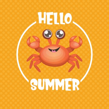 Merhaba, turuncu arka planda garip kırmızı yengeç karakterli yaz posteri tasarımı şablonu. Yaz plajı parti tasarım şablonu