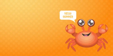 Merhaba yaz yatay afişi ya da turuncu arka planda izole edilmiş kırmızı yengeç karakterli poster tasarımı şablonu. Yaz plajı parti tasarım şablonu. Merhaba yaz konsepti