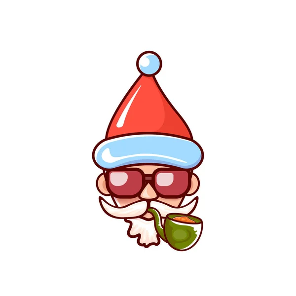 Santa Claus head with Santa red hat, smoking pipe and red hipster sunglasses isolated on white Christmas background. Santa label or sticker design — Stock Vector