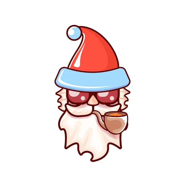 Santa Claus head with Santa red hat, smoking pipe and red hipster sunglasses isolated on white Christmas background. Santa label or sticker design — Stock Vector