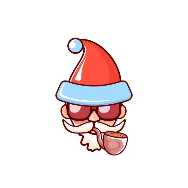 Nikolauskopf mit Weihnachtsmannmütze, Pfeife rauchend und roter Hipster-Sonnenbrille auf weißem Weihnachtshintergrund. Weihnachtsmann Etikett oder Aufkleber Design — Stockvektor