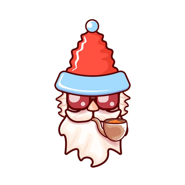 Tête de Père Noël avec chapeau rouge Père Noël, pipe fumante et lunettes de soleil hipster rouge isolées sur fond de Noël blanc. Étiquette ou autocollant Santa design — Image vectorielle