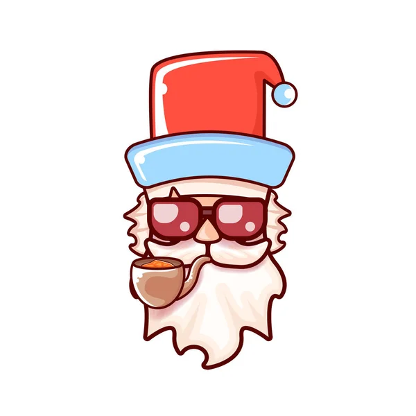 Tête de Père Noël avec chapeau rouge Père Noël, pipe fumante et lunettes de soleil hipster rouge isolées sur fond de Noël blanc. Étiquette ou autocollant Santa design — Image vectorielle