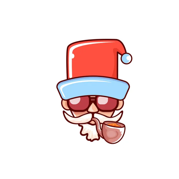 Cabeza de Santa Claus con sombrero rojo de Santa, pipa humeante y gafas de sol hipster rojas aisladas sobre fondo blanco de Navidad. Etiqueta de Santa o diseño de pegatina — Vector de stock