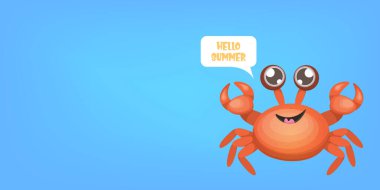 Merhaba yaz yatay afişi ya da el ilanı tasarımı şablonu mavi deniz arka planında izole edilmiş şirin kırmızı yengeç karakteri. Yaz plajı parti tasarım şablonu. Merhaba yaz konsepti