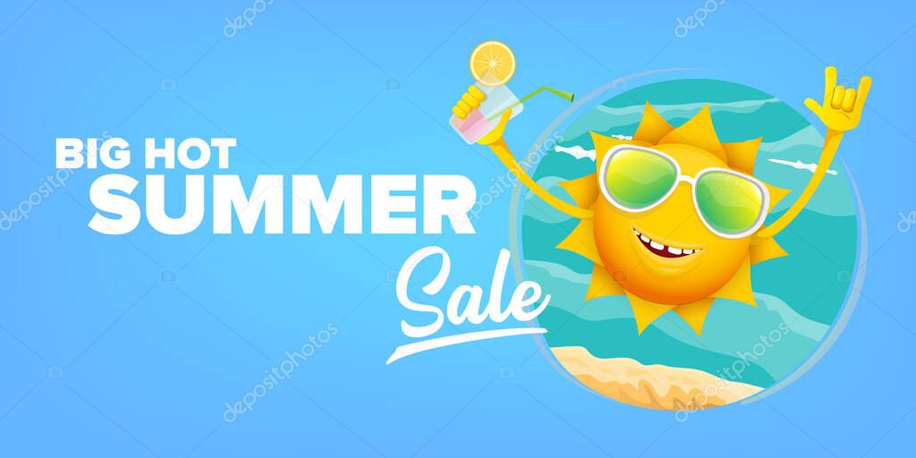 Summer sale cartoon horizontal web banner or vector label with happy sun character wearing sunglasses and holding cocktail isolated on horizontal orange background