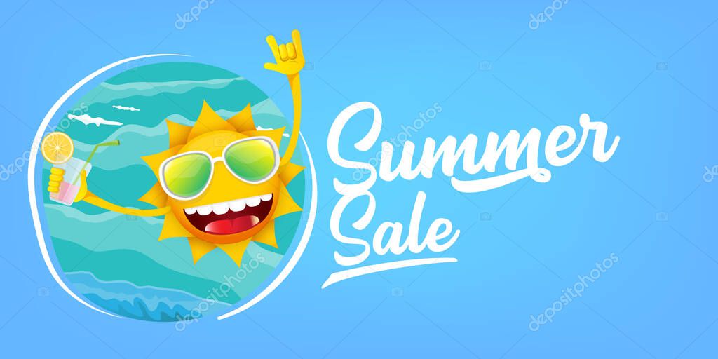 Summer sale cartoon horizontal web banner or vector label with happy sun character wearing sunglasses and holding cocktail isolated on horizontal orange background