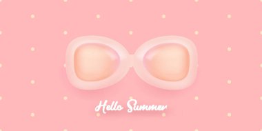 Merhaba yaz soyut kavramı, yumuşak pembe arka planda güneş gözlüklü yatay afiş. Vector 3d kil tarzı yatay merhaba yaz sahnesi.