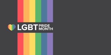 Gri arka planda izole edilmiş gurur rengi şeritli kurdele bayraklı mutlu bir ay yatay afişi. LGBT Onur Ayı veya gurur günü posteri, broşür, davetiye partisi kartı modern tarz tasarım şablonu.