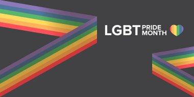 Gri arka planda izole edilmiş gurur rengi şeritli kurdele bayraklı mutlu bir ay yatay afişi. LGBT Onur Ayı veya gurur günü posteri, broşür, davetiye partisi kartı modern tarz tasarım şablonu.
