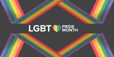 Gri arka planda izole edilmiş gurur rengi şeritli kurdele bayraklı mutlu bir ay yatay afişi. LGBT Onur Ayı veya gurur günü posteri, broşür, davetiye partisi kartı modern tarz tasarım şablonu.