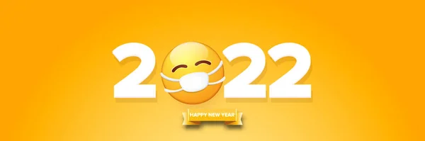 2022 Happy new year greeting horizontal banner with smile face Emoji sticker with mouth medical protection mask and 2022 numbers isolated on orange background. — Stock Vector