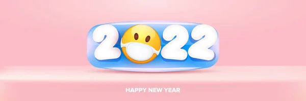 2022 Bonne année saluant bannière horizontale avec sourire visage Emoji autocollant avec masque de protection médicale de la bouche et 2022 numéros isolés sur fond rose pastel doux. — Image vectorielle