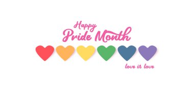 Beyaz arka planda izole edilmiş kalp ve gurur rengi bayrağı olan mutlu gurur ayı yatay afişi. Gurur ayı ya da gurur günü posteri, el ilanı, davetiye kartı tasarımı şablonu.