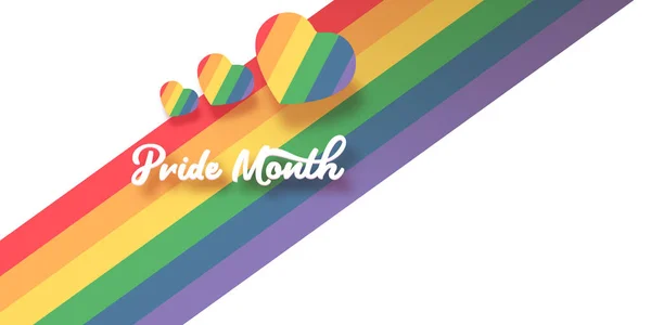 Happy pride month horizontal banner with heart and pride color flag isolated on white background. Pride month or pride day poster, flyer, invitation party card deign template. — Stock Vector