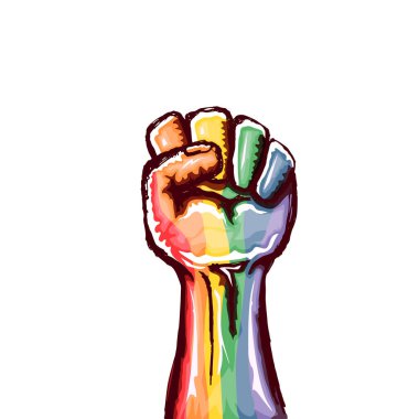 Yükselen LGBT yumruğu beyaz arka planda izole edilmiş lgbt bayrağıyla renklendirilmiş. lgbt ayı ya da günlük poster tasarım şablonu. LGBT hakları konsept vektör çiziminiz için savaşın