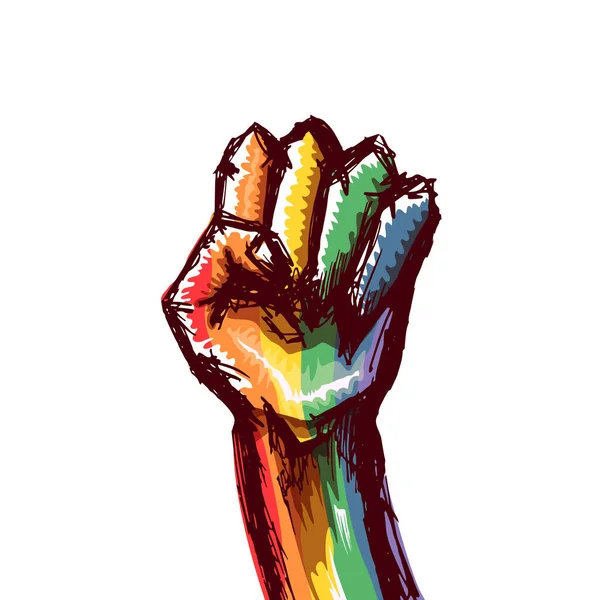 Erhobene LGBT-Faust farbig in lgbt Flagge isoliert auf weißem Hintergrund. lgbt Monat oder Tag Plakatentwurf Vorlage. Kampf um LGBT-Rechte — Stockvektor