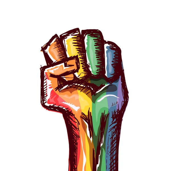 Puño LGBT alzado de color en bandera lgbt aislado sobre fondo blanco. plantilla de diseño de póster mes o día lgbt. Lucha por tu concepto de derechos LGBT vector ilustración — Vector de stock