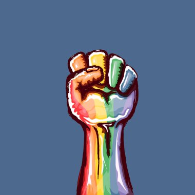 Yükselen LGBT yumruğu lgbt bayrağıyla renklendirilmiş mavi arka planda izole edilmiş. lgbt ayı ya da günlük poster tasarım şablonu. LGBT hakları konsept vektör çiziminiz için savaşın