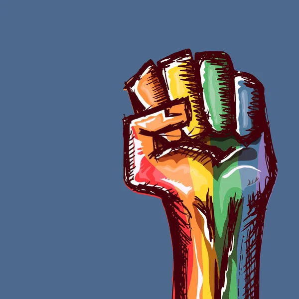 Υψώθηκε LGBT γροθιά χρωματισμένο σε lgbt σημαία που απομονώνονται σε μπλε φόντο. Igbt μήνα ή ημέρα αφίσα πρότυπο σχεδιασμού. Αγώνας για τα δικαιώματα ΛΟΑΤ εικόνα διάνυσμα έννοια σας — Διανυσματικό Αρχείο