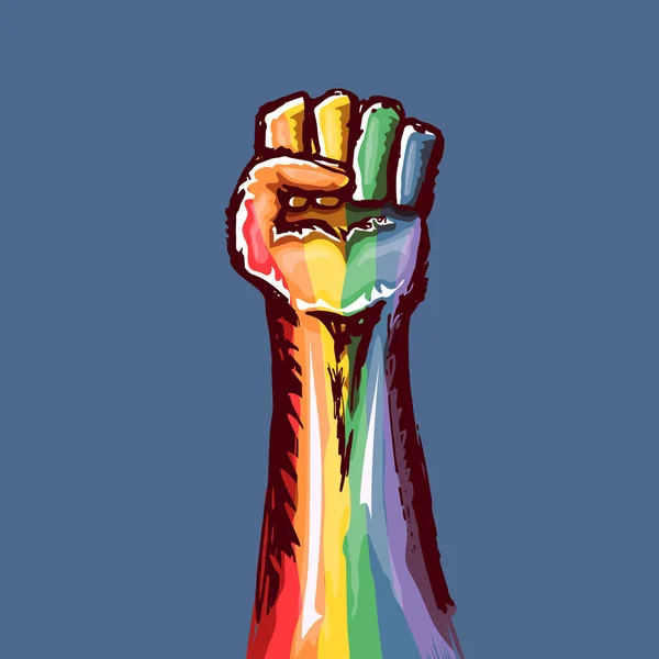 Puño LGBT alzado de color en bandera lgbt aislado sobre fondo azul. plantilla de diseño de póster mes o día lgbt. Lucha por tu concepto de derechos LGBT vector ilustración — Vector de stock