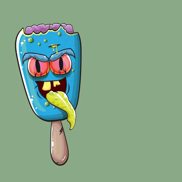Crème glacée vectorielle Zombie avec le cerveau et les yeux rouges isolés sur fond vert. Halloween monstre bleu crème glacée zombie personnage. — Image vectorielle