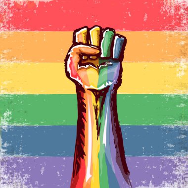 Yükselen LGBT yumruğu, Lgbt bayrağıyla renklendirilmiş. Gurur bayrağı arka planında izole edilmiş. lgbt ayı ya da günlük poster tasarım şablonu. LGBT hakları konsept vektör çiziminiz için savaşın